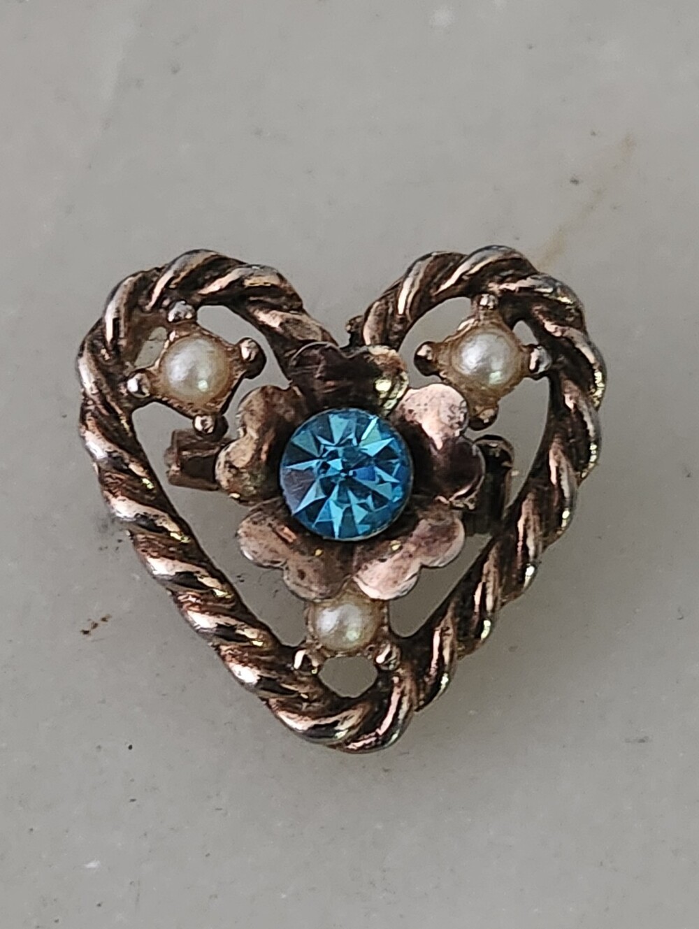 Vintage Heart Brooch with Blue Crystal and Faux Pearl Accents